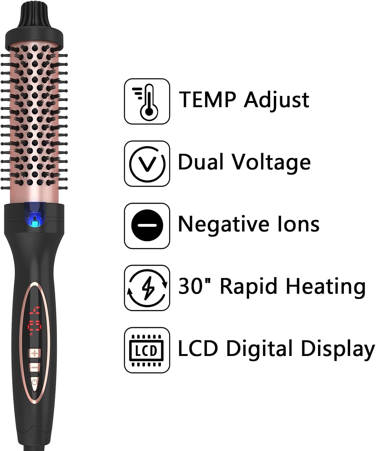 Cepillo térmico de 1.25 pulgadas para crear rizos sueltos y de volumen, pantalla digital, 9 ajustes de calor, rizador iónico de turmalina de 1 14