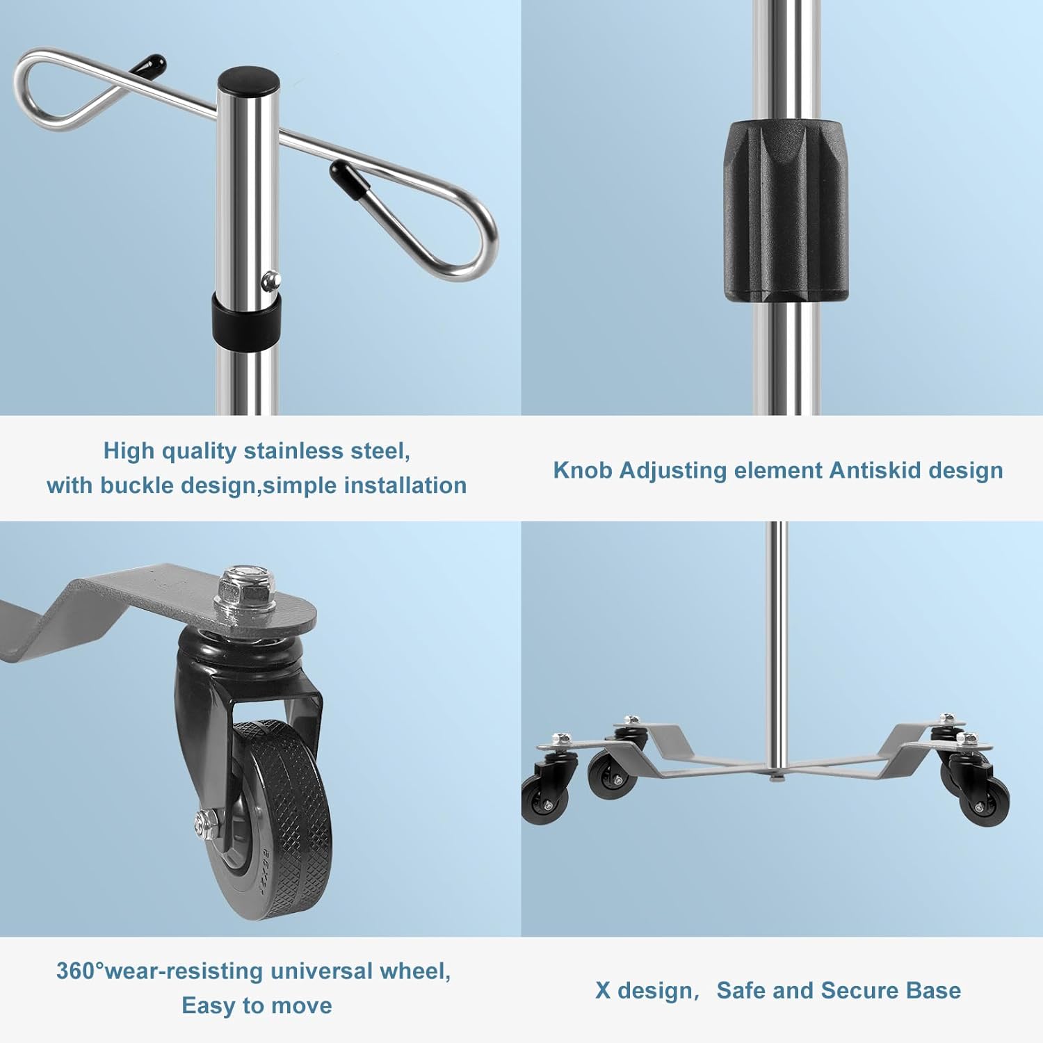 IV Postes IV Soportes 2 Ganchos 4 Patas Portátil Rodante con Acero Inoxidable Altura Ajustable 2PCS