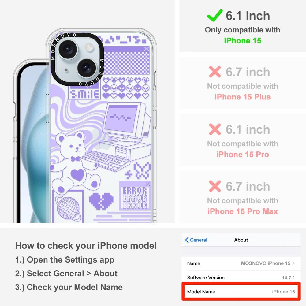 MOSNOVO Buffertech – Funda compatible con iPhone 15, impacto de caída de 6.6 pies, tecnología antidesprendimiento, TPU transparente, a prueba de