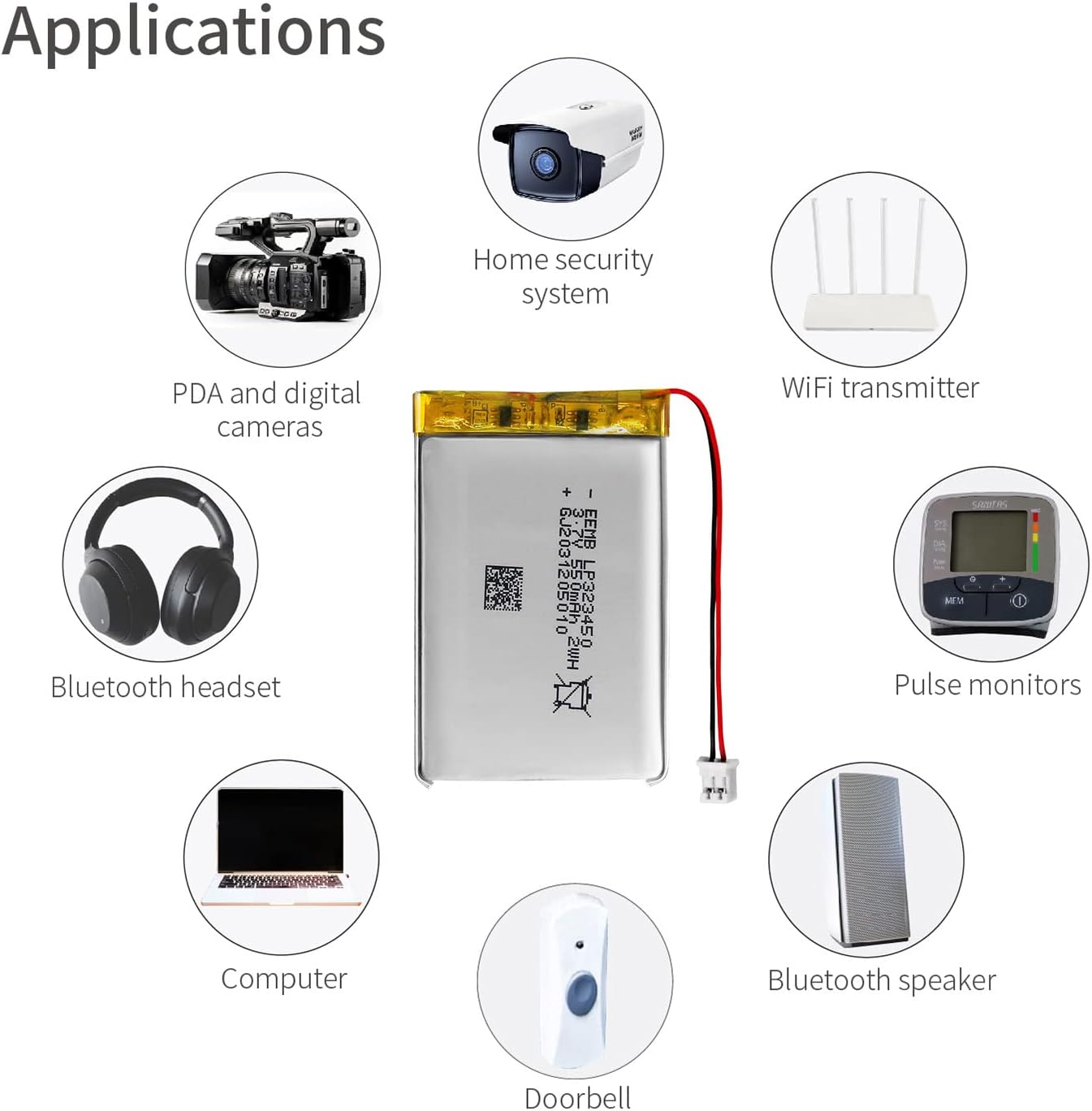 EEMB Batería recargable de iones de polímero de litio de 3.7V 550mAh 323450 Lipo con conector JST Asegúrese de que la polaridad del dispositivo