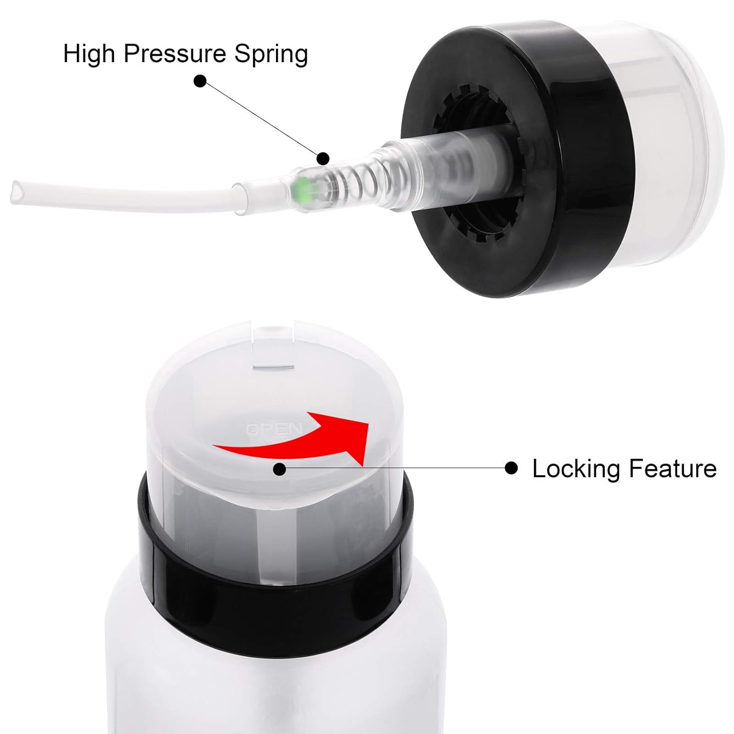 Paquete de 3 dispensadores de bomba de presión con cerradura para alcohol, acetona, esmalte de uñas y removedor de maquillaje, 6.8 fl oz (6.8 onzas)