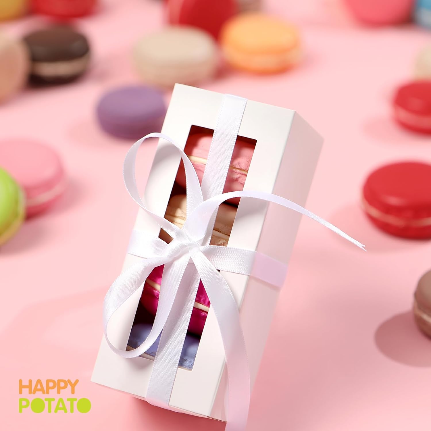 HAPPY POTATO Paquete de 30 cajas de macarrones para 4 o 5, 4 x 1.9 x 1.9 pulgadas, cajas de embalaje de macarrones, cajas de macarrón blanco con