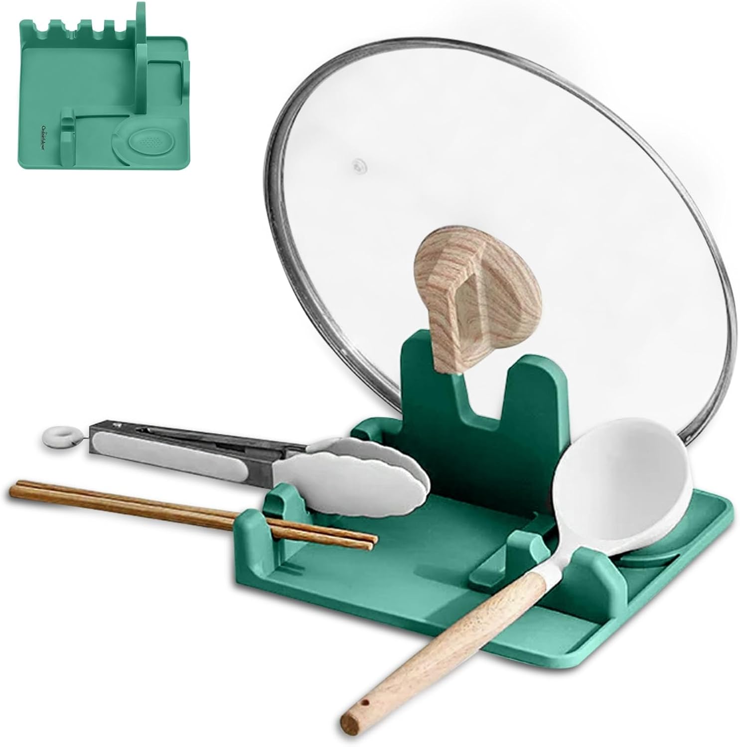 TOF – Soporte de cuchara de silicona 3 en 1 con almohadilla de goteo para estufa, soporte grande para múltiples utensilios, apto para lavavajillas,