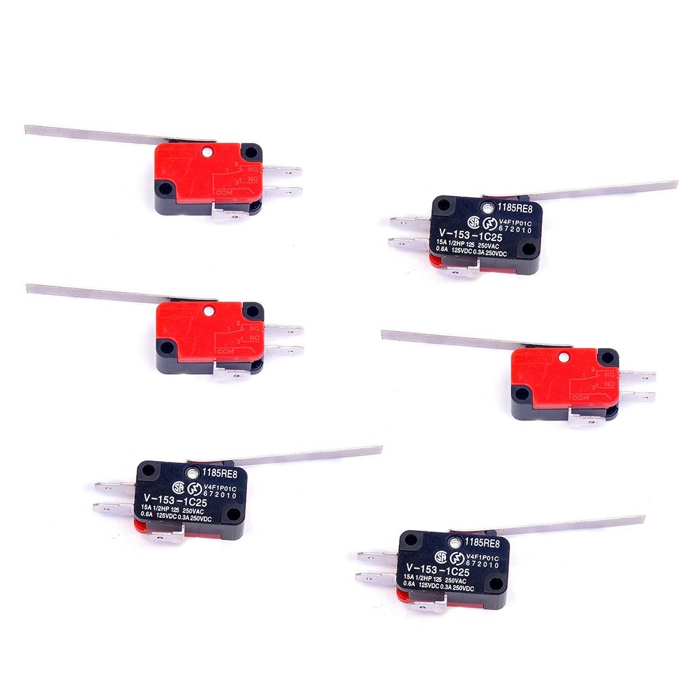 6 piezas V-153-1C25 Micro interruptor de límite largo recto bisagra palanca brazo SPDT Snap Action LOT para Arduino (paquete de 6) CYT1068