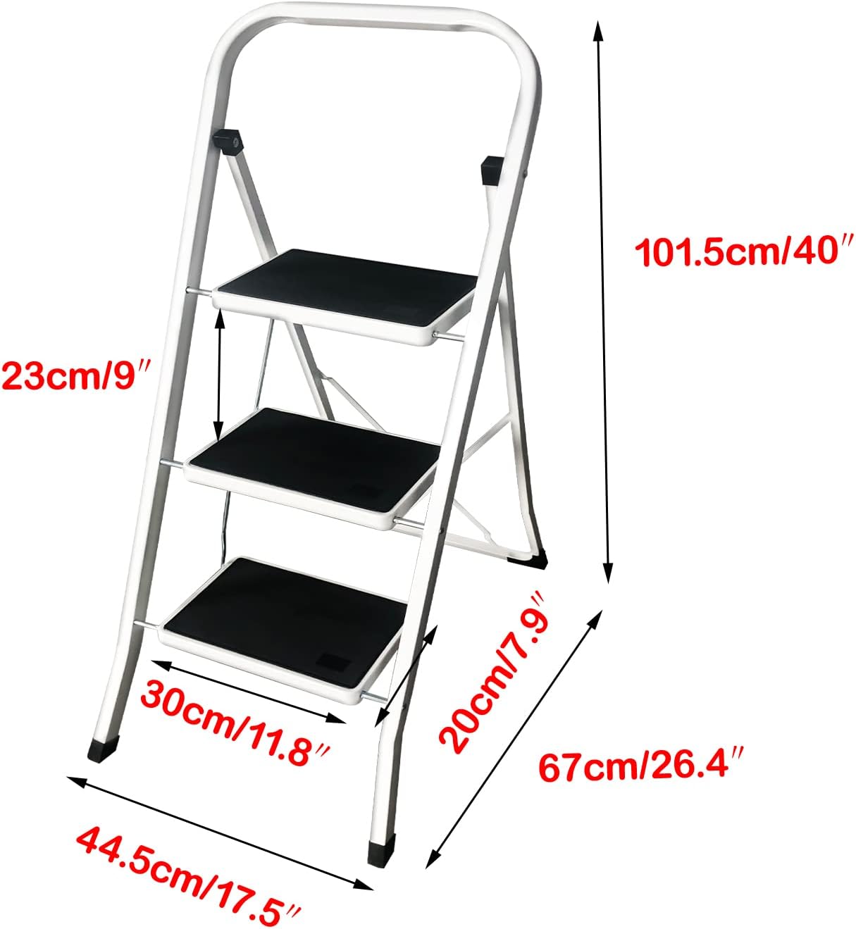 Escalera de acero de 3 escalones con mango plegable con pedal antideslizante ancho de 330 libras, taburete resistente para adultos, multiusos para