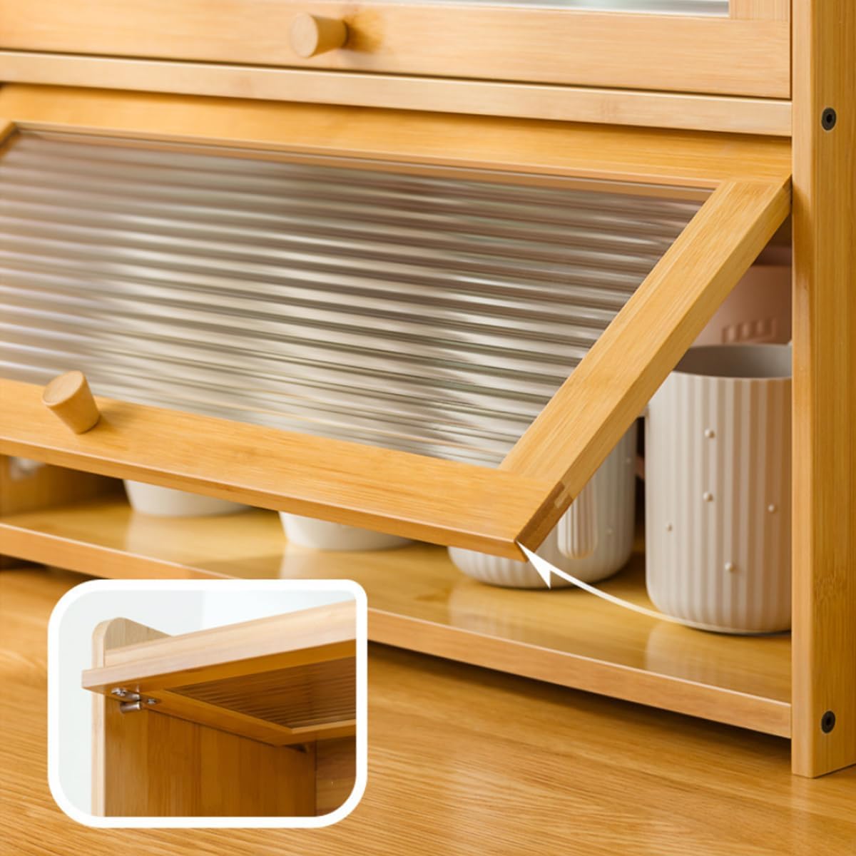 Gdrasuya10 Armario de almacenamiento de despensa de cocina para encimera, pequeño aparador de despensa de bambú con 2 puertas, estante de