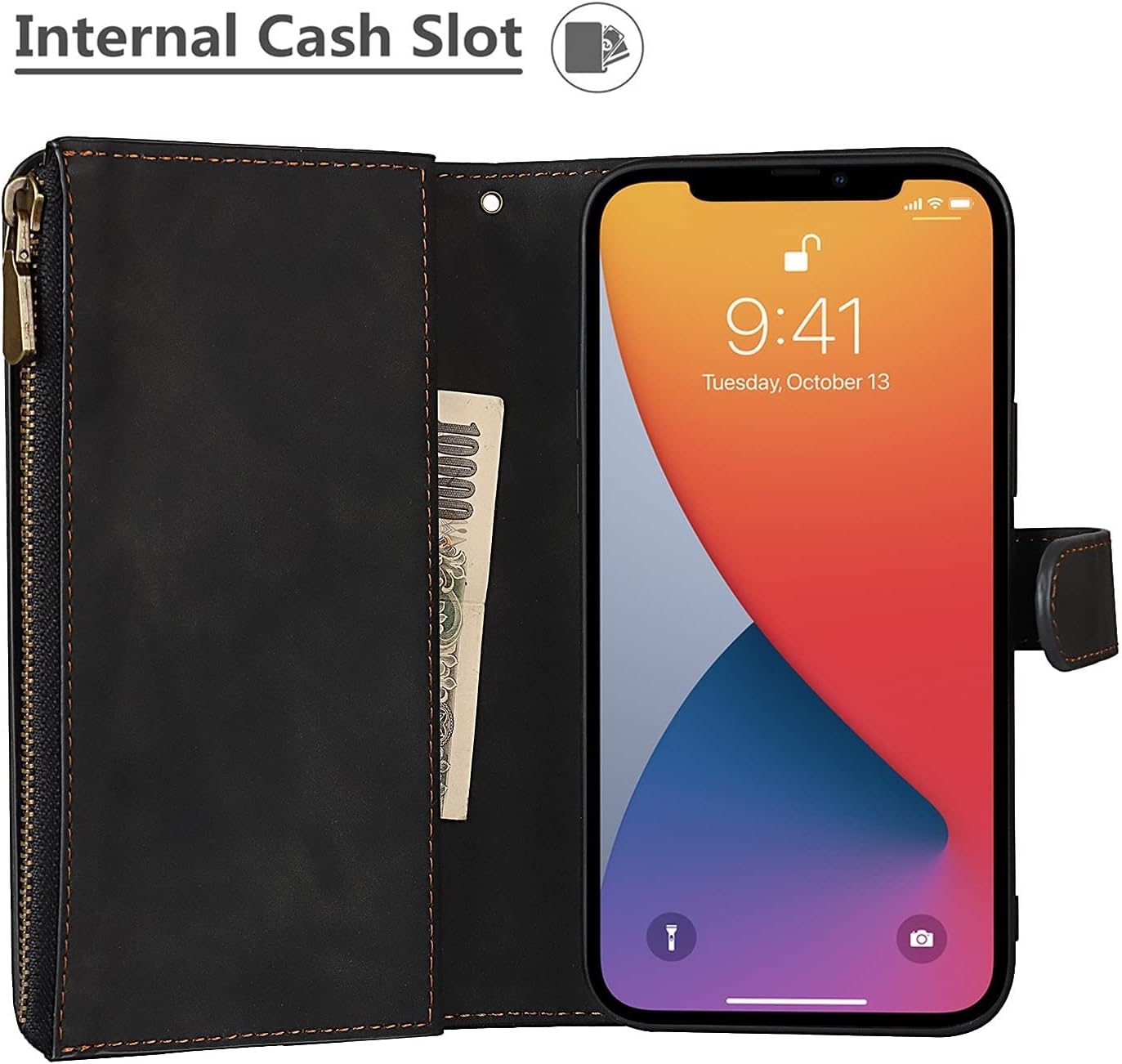 iCoverCase Funda tipo cartera para iPhone 13 Pro con tarjetero y correa para la muñeca, de piel sintética, ranuras para tarjetas, bolsillo con