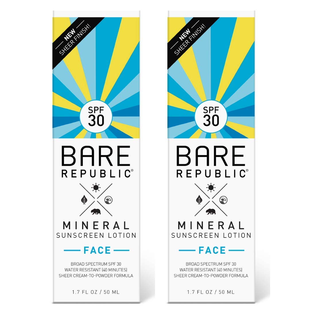 Bare Republic Loción protectora solar mineral facial. Hidratante facial ligero, sin perfume y resistente al agua, 1.7 onzas, paquete de 2, el