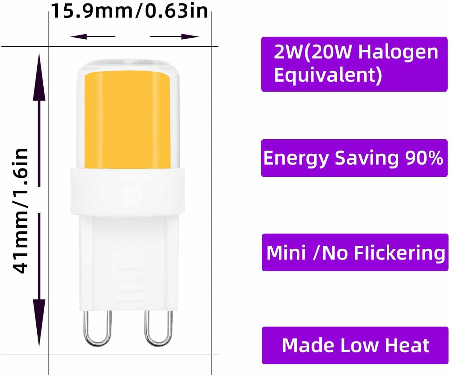 Paquete de 5 bombillas LED G9 2W 20 W equivalente a halógeno 3000 K, blanco cálido, 300 lúmenes, JCD, base bi-pines, campana extractora, bombillas