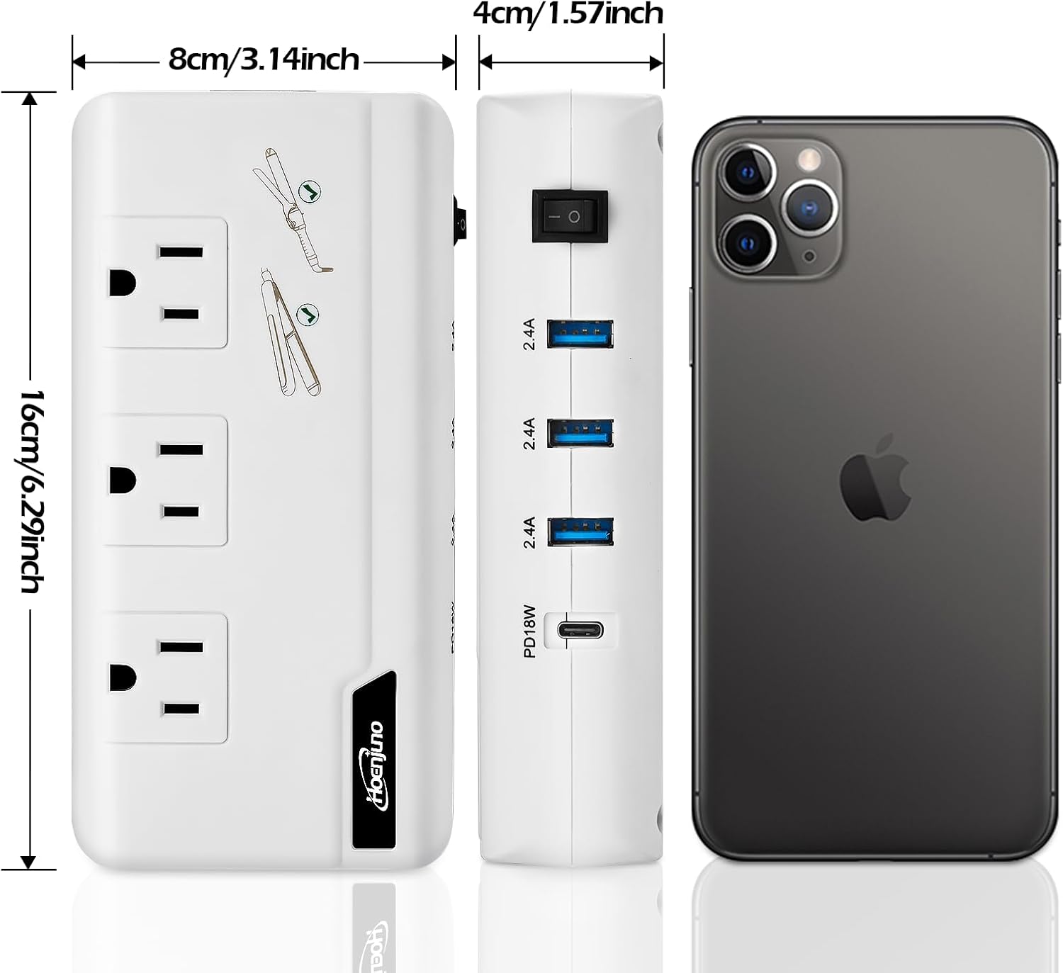 Adaptador de viaje internacional de 220 V a 110 V convertidor de corriente con 18 W PD USB-C para alisador de cabellorizador, adaptador de enchufe