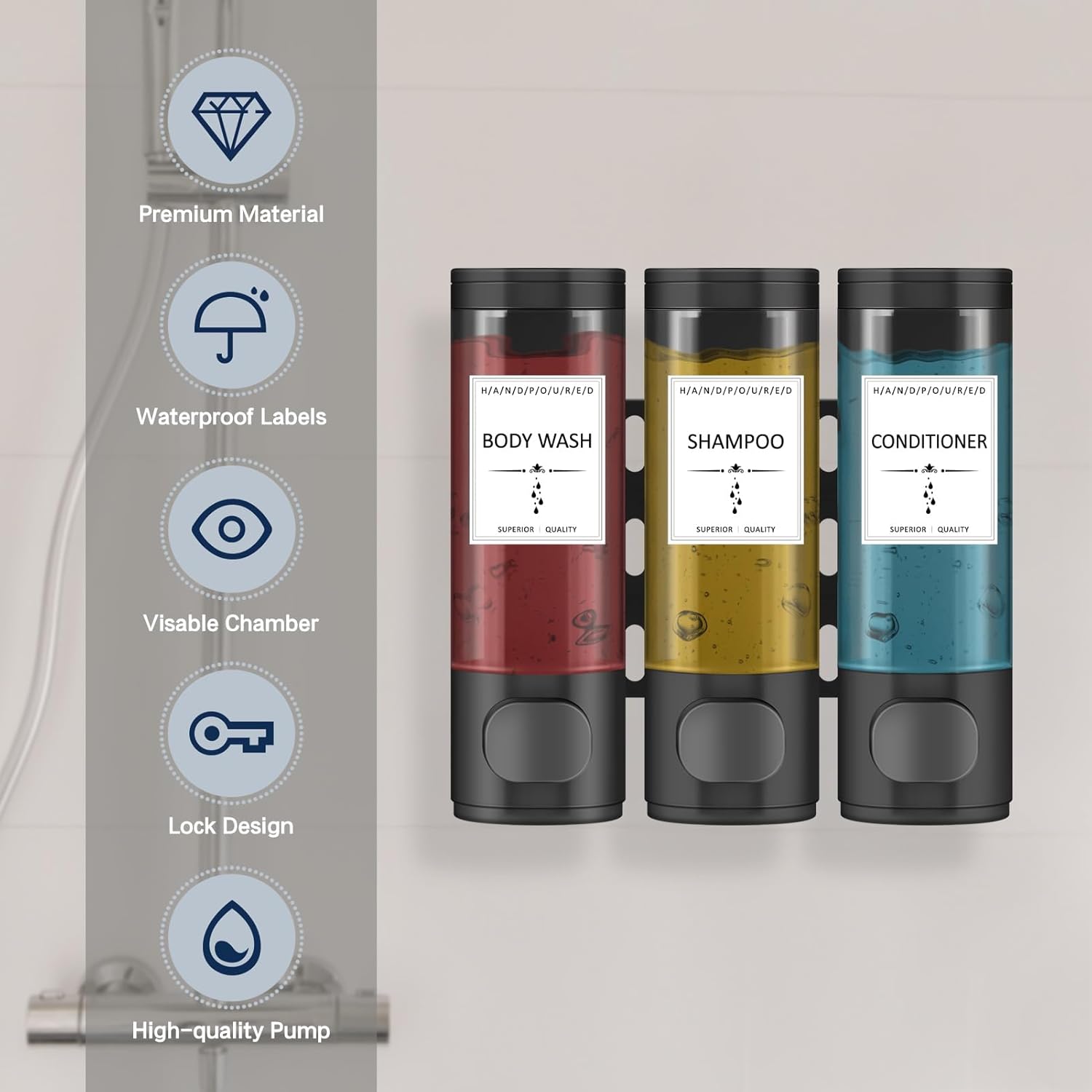 Shampoo and Conditioner Dispenser, Bathroom Shower Dispenser 3 Chamber No Drill Shampoo Dispenser, Perfect for Bathroom Wall, Kitchen Wall, Hotel