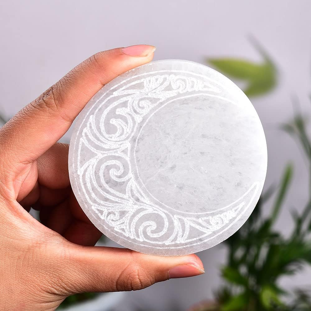 JIC Gem Placa de carga de selenita grabada con luna de 3 pulgadas, losa de selenita grabada, pequeña estación de carga de cristal curativo