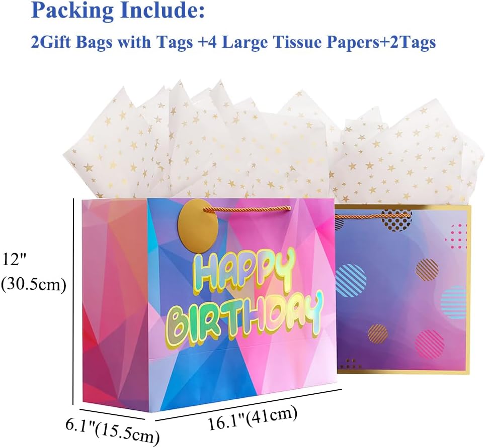 Bolsa de regalo de cumpleaños láser de 16 pulgadas con papel de seda, bolsa de regalo extra grande para regalos, bolsa de regalo de cumpleaños