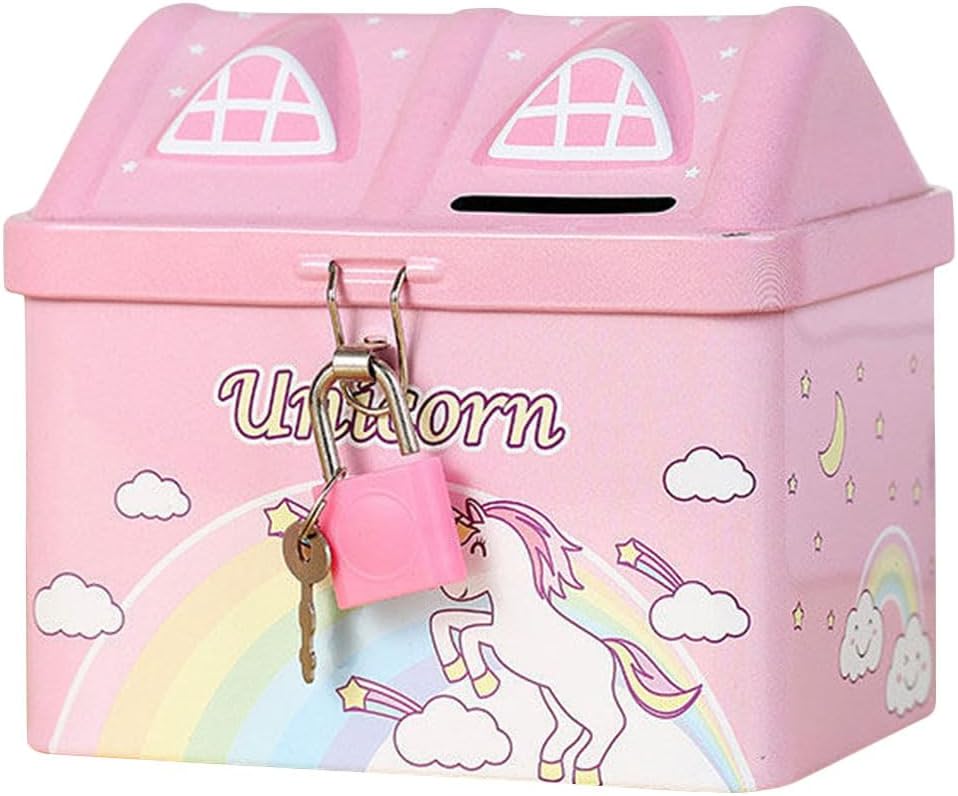 Alcancía con forma de casa para niñas con cerradura y llave, banco de dinero de unicornio de metal para niñas y niños, regalo y decoración del hogar