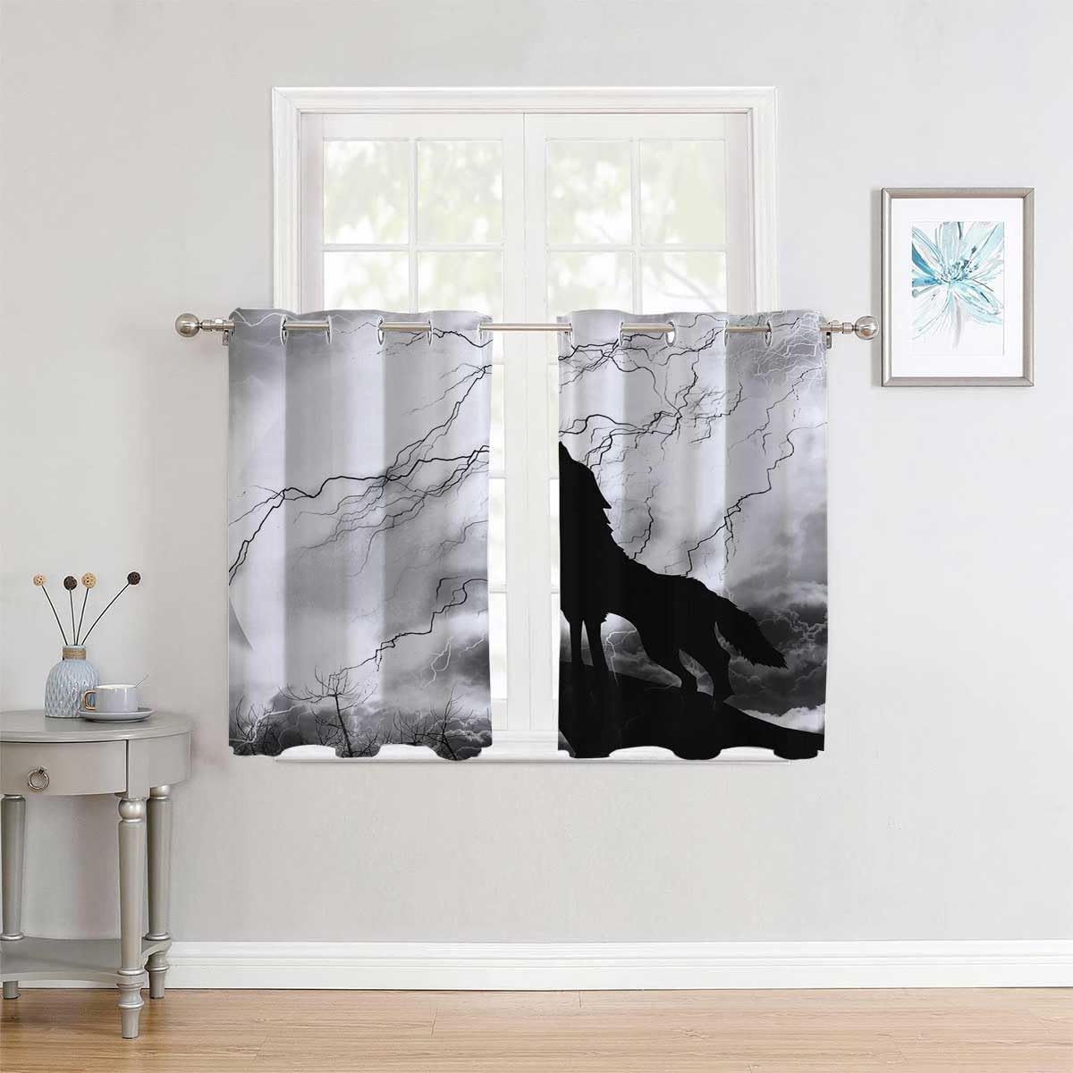 YANFENQI Short Curtains Blackout Black Wolf Silhouette Doorway Curtains Cortinas para Ventanas De Cuarto 55Inch Width by 72Inch Length,2 Panels