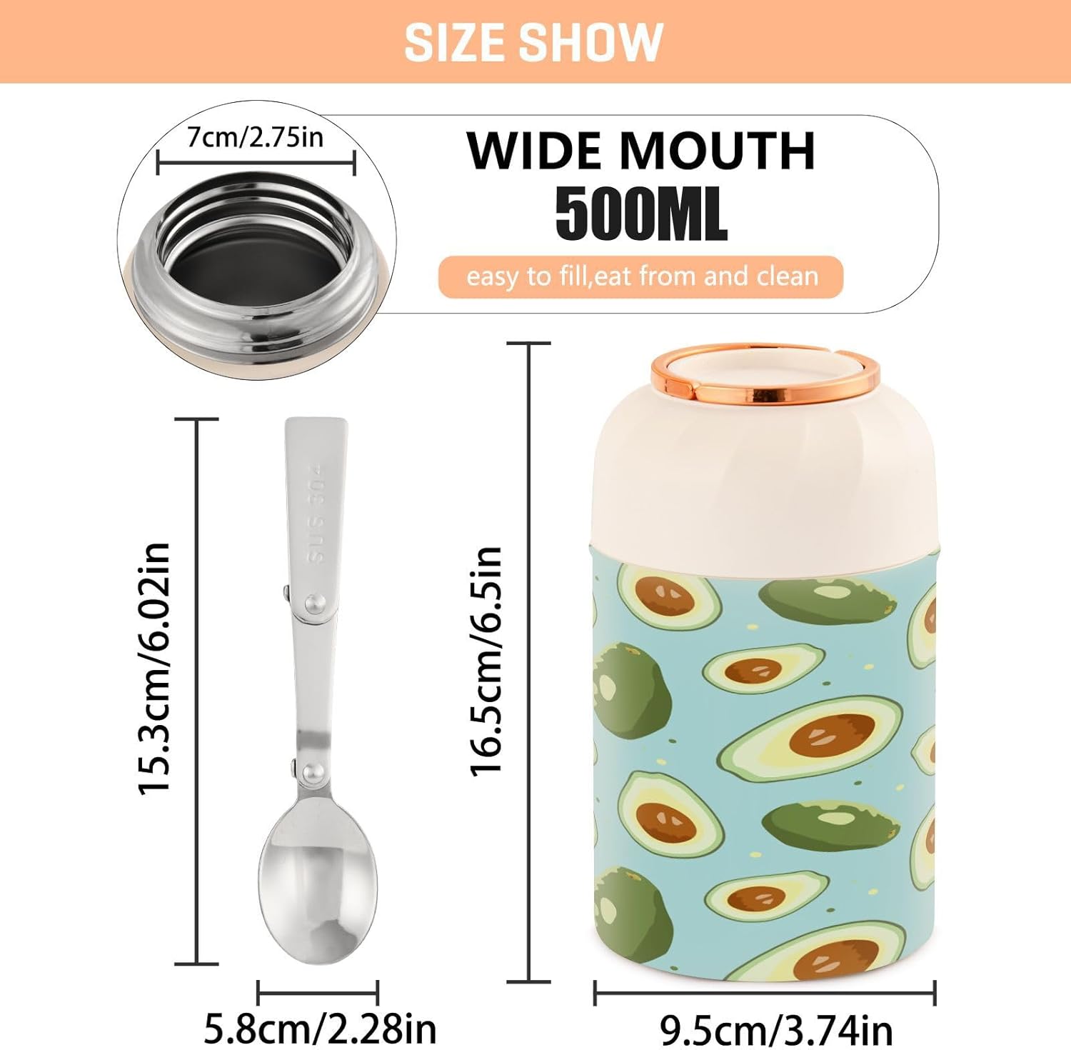 Tarro de comida aislado al vacío de 17 onzas, termo de acero inoxidable para comida caliente y sopa con cuchara plegable, boca ancha, a prueba de
