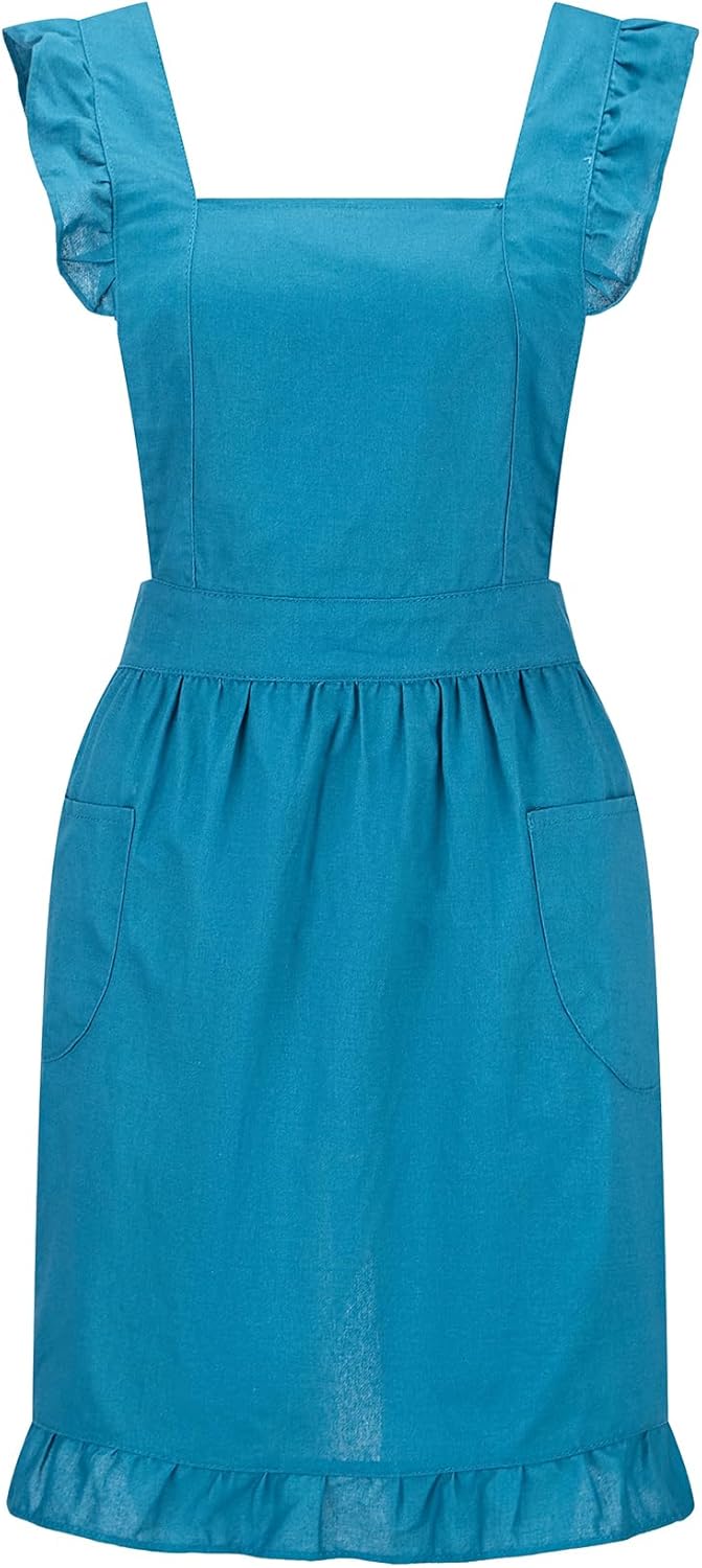 Hyzrz Delantales retro ajustables con volantes con bolsillos para mujeres y niñas, vintage, espalda cruzada, vestido de sirvienta, delantal para
