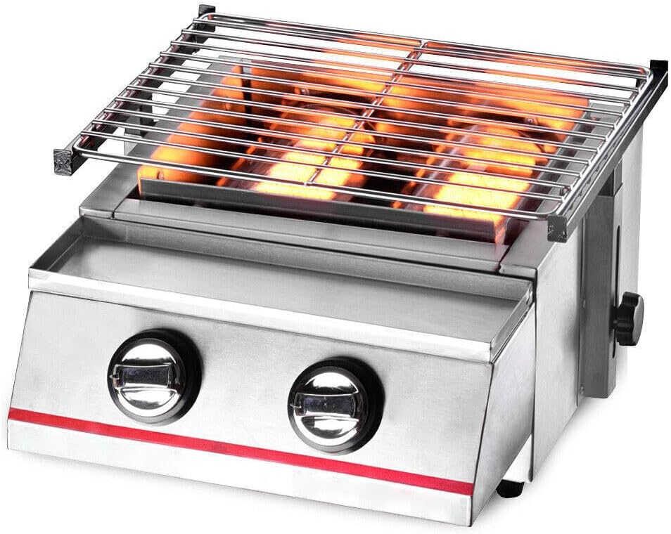 RustyVioum Parrilla de barbacoa de gas de 2 quemadores, parrilla de gas portátil sin humo, cocina portátil de acero inoxidable para cocinar al aire