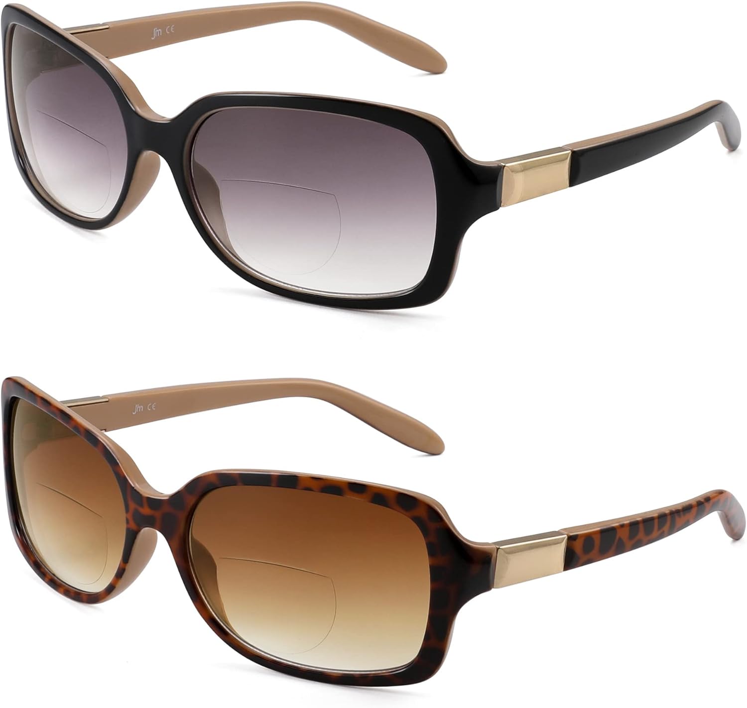 JM Paquete de 2 lentes de lectura bifocales clásicos, cuadrados, elegantes, degradados, para mujer +2.25