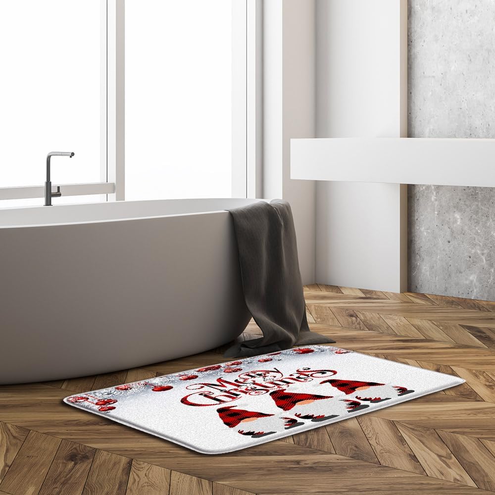 Sunhe Tapete de baño de gnomo de Navidad, lindo gnomo, folklore, elfos, rojo y negro, búfalo, a cuadros, pino, bolas de Navidad, decoración de baño,