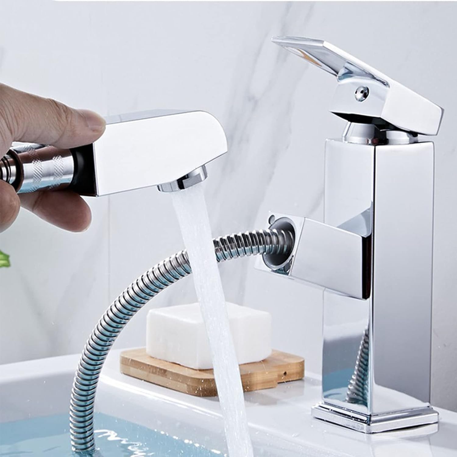 Grifo de baño con rociador extraíble, grifo de lavabo de baño en cascada cromada, grifo de un solo orificio con boquilla giratoria de 360 grados