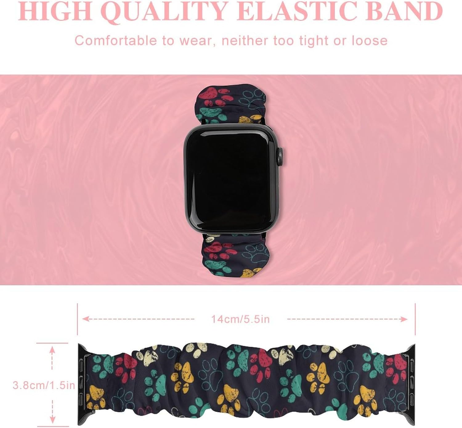 Compatible con Apple Watch Band Scrunchie de 1.496 pulgadas, 1.575 pulgadas, 1.654 pulgadas, 1.732 pulgadas, lindo estampado de huellas de huellas