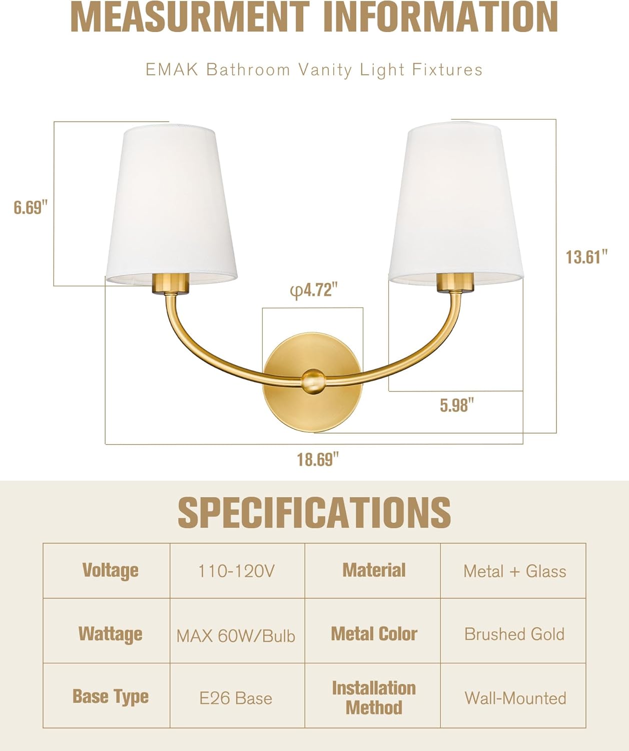 Emak VL116-GD-2 – Lámpara de baño de oro cepillado, modernos apliques de pared de 2 luces para baño, sala de estar, tocador de baño con pantalla de