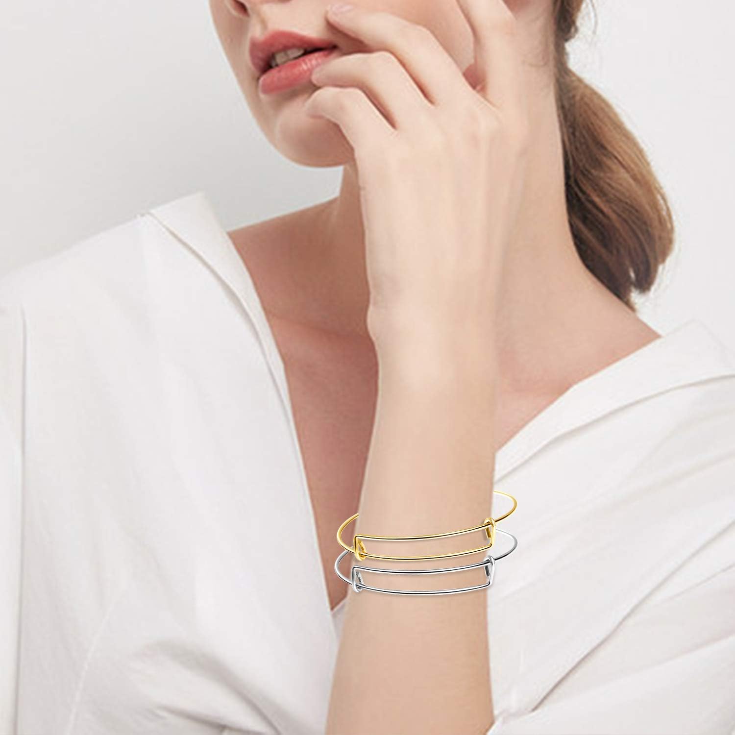 UPINS 60 pulseras expandibles para hacer joyas en blanco, pulseras de alambre ajustables para mujer, plata y oro