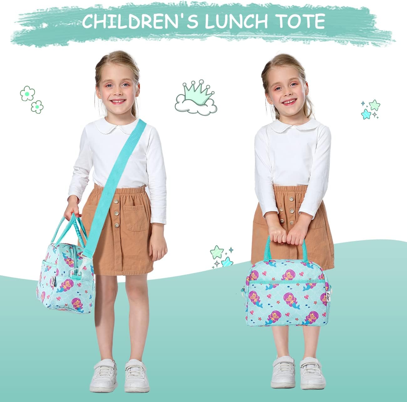 Kasqo Lonchera para niños, bolsa térmica aislada para niñas pequeñas con correa de hombro frontal y bolsillo, sirena