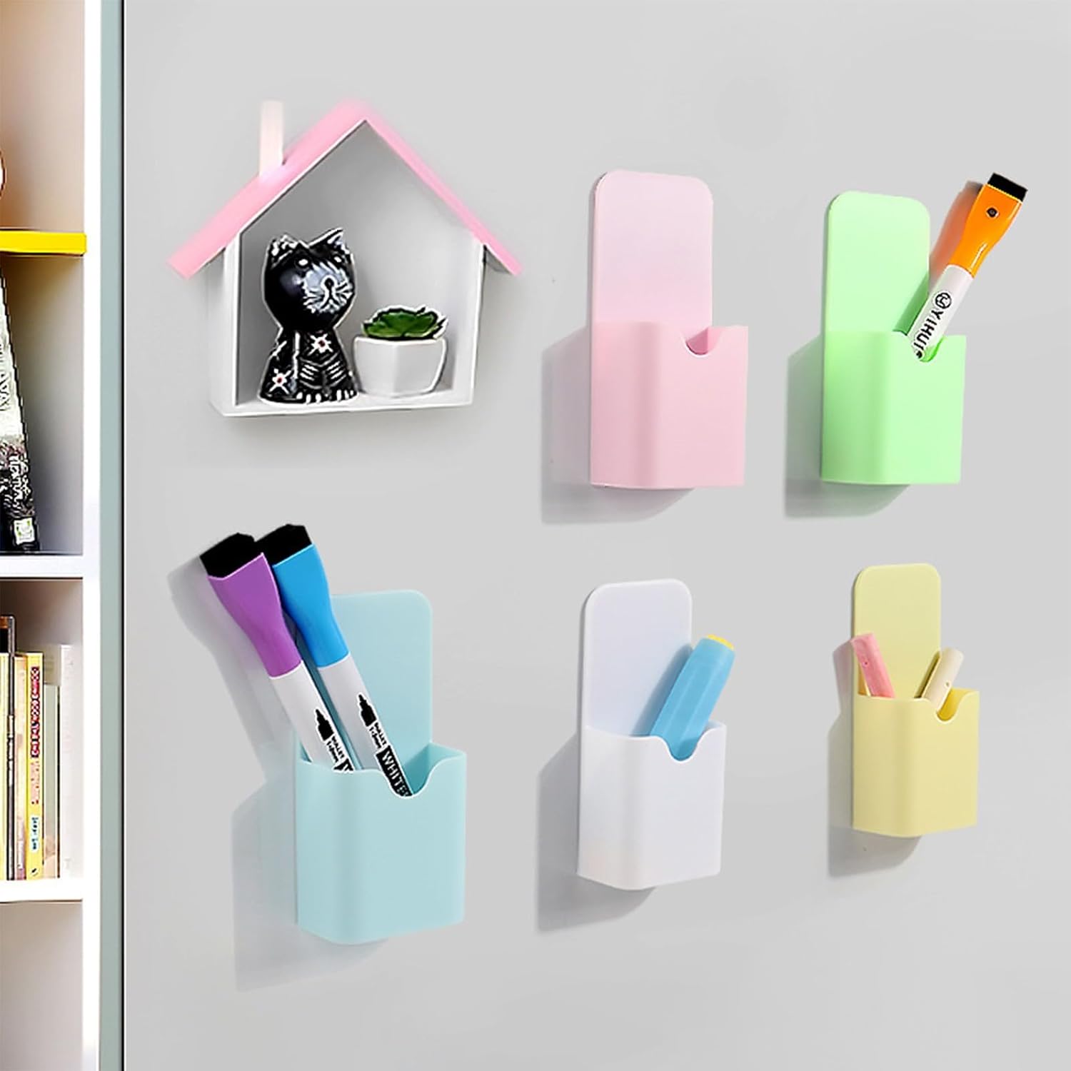 Juego de 2 mini marcadores magnéticos, estuche de almacenamiento magnético para lápices, para pizarra blanca, refrigerador y casillero, suministros