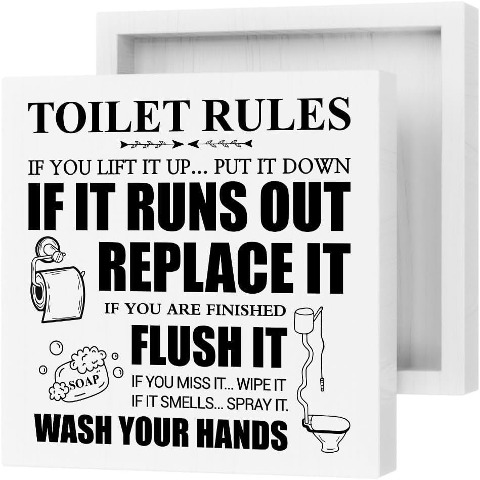 Toilet Rules – Placa de madera con texto en inglés “Toilet Rules”, letrero de caja de madera con cita de baño, letrero de estante de escritorio para