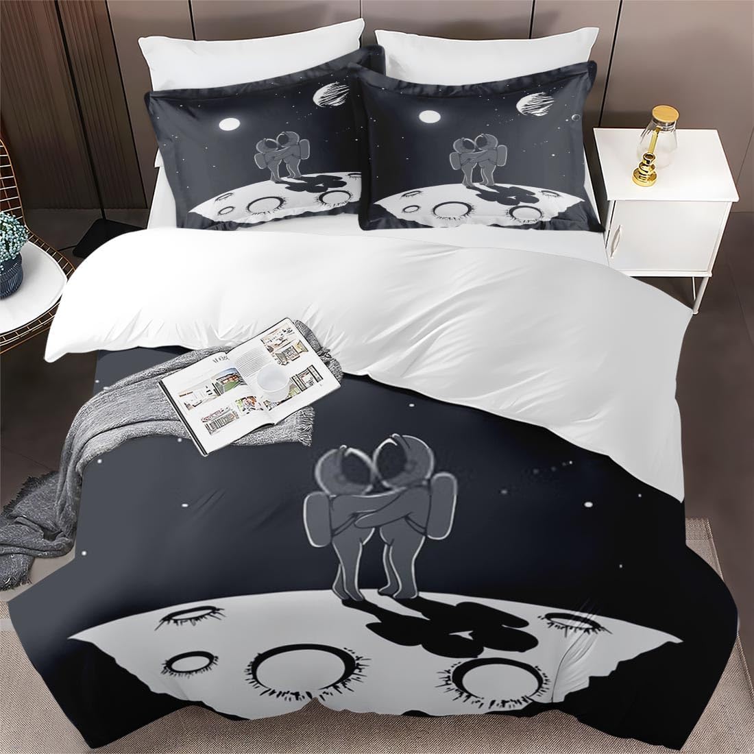 Juego de funda de edredón, juego de ropa de cama Love Space Moon Galaxy para niños y adultos, decoración de dormitorio de ciencia y planeta, juego