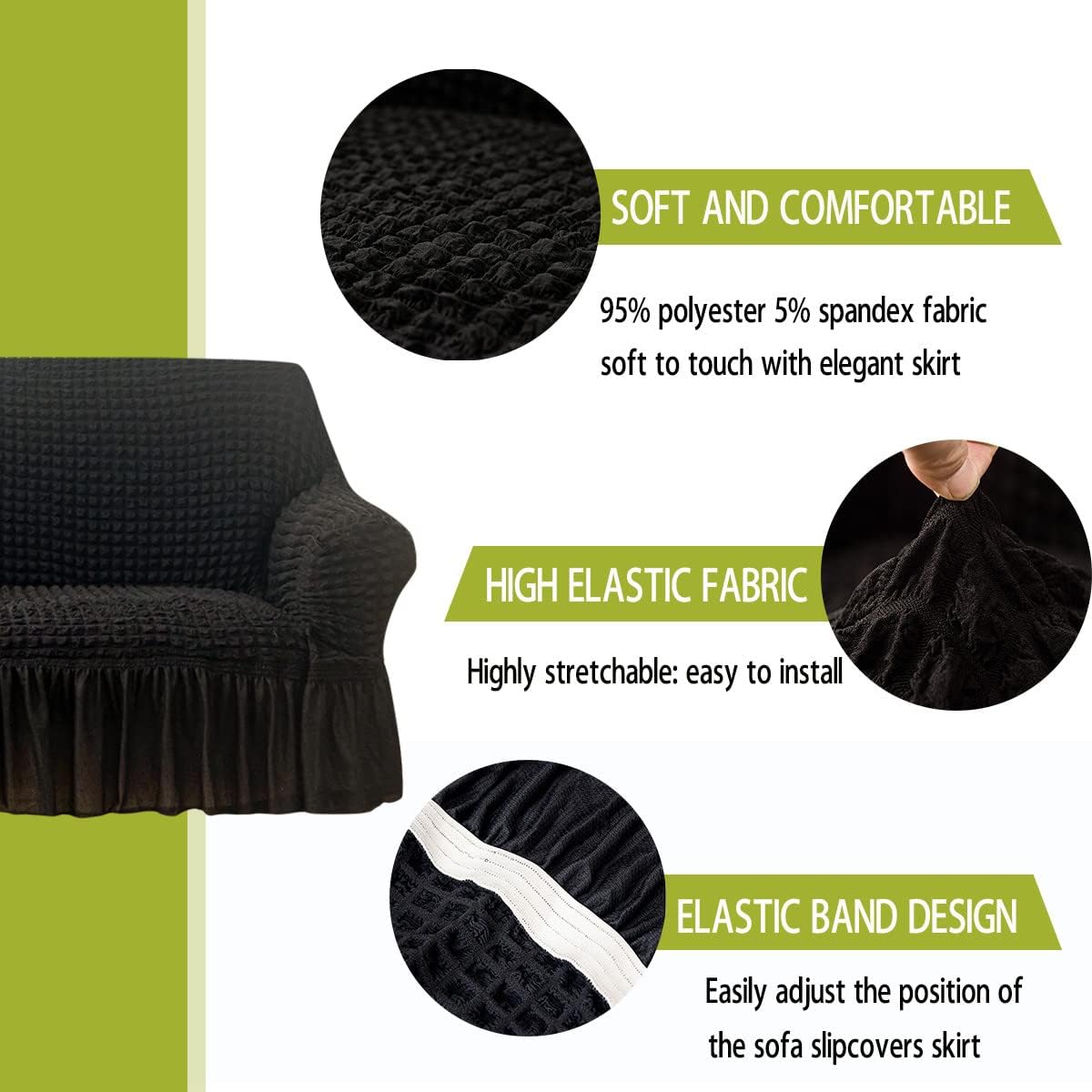 Qubjus Funda elástica para sofá, lavable, protector de muebles con parte inferior elástica y falda para niños y mascotas (negro, mediano)