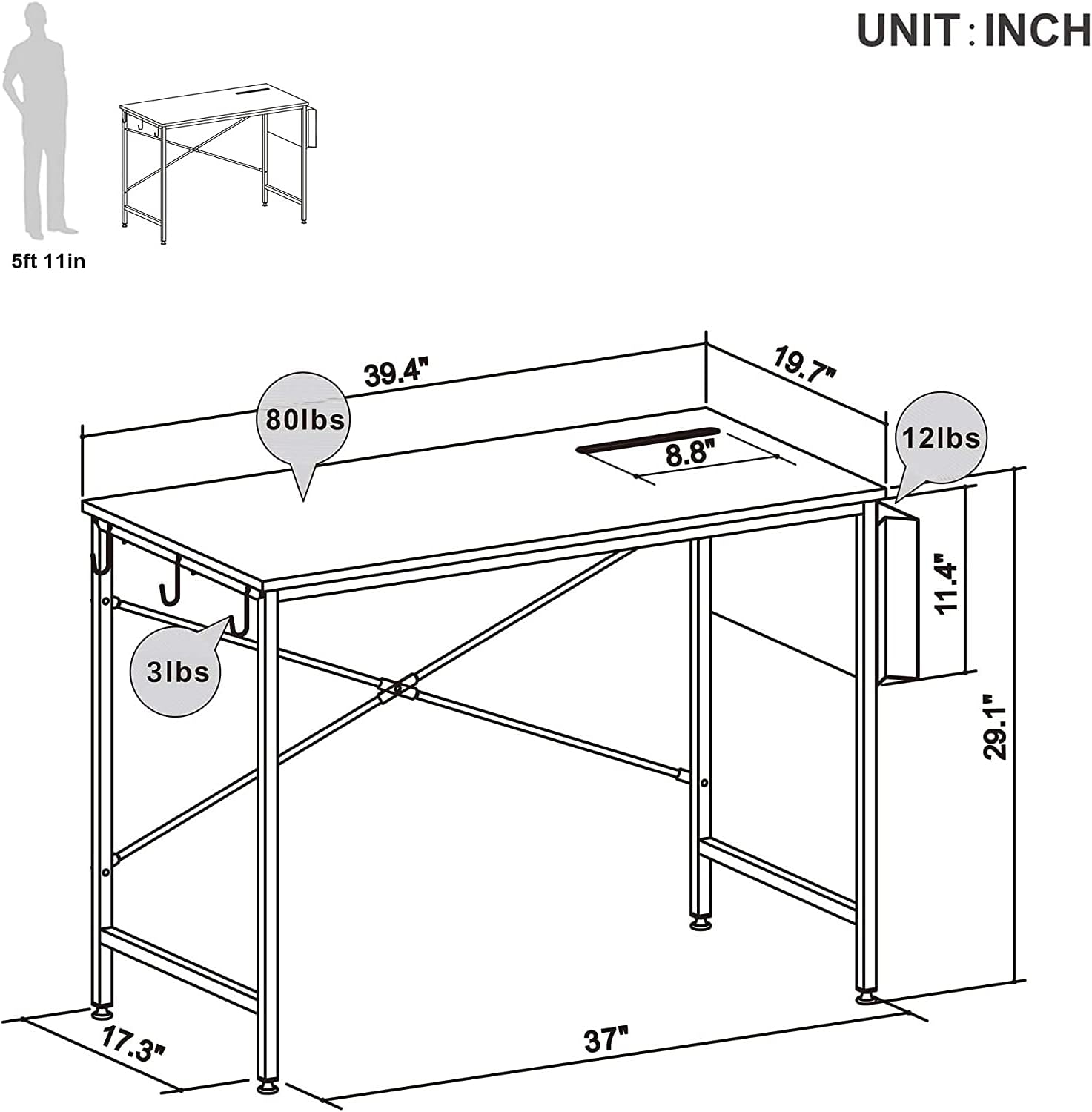 Bestier Escritorio de oficina para computadora con marco de acero, soporte para teléfono móvil y tableta, gancho para auriculares, patas ajustables