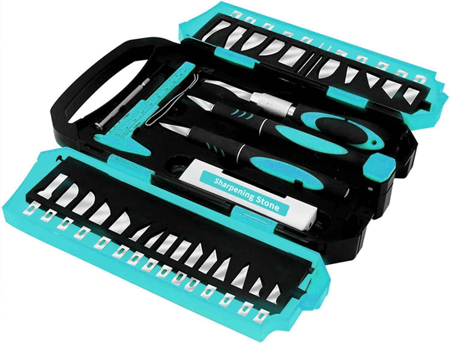Juego de 34 cuchillos grandes de precisión de lujo, color azul, incluye 3 cuchillos para manualidades con agarre de goma antideslizante, 25