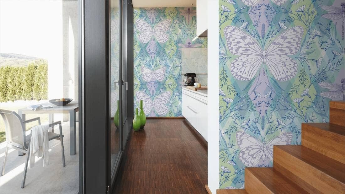 CONCORD WALLCOVERINGS  Papel tapiz floral para dormitorio, flores, mariposas, azul y verde lila, 63 pulgadas de ancho x 110 pulgadas de alto, 3