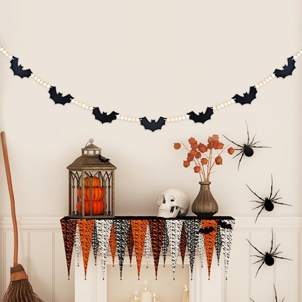 Decoraciones de Halloween para interiores, murciélagos de fieltro, guirnalda de cuentas de madera para pared, casa, chimenea, decoración de mantel