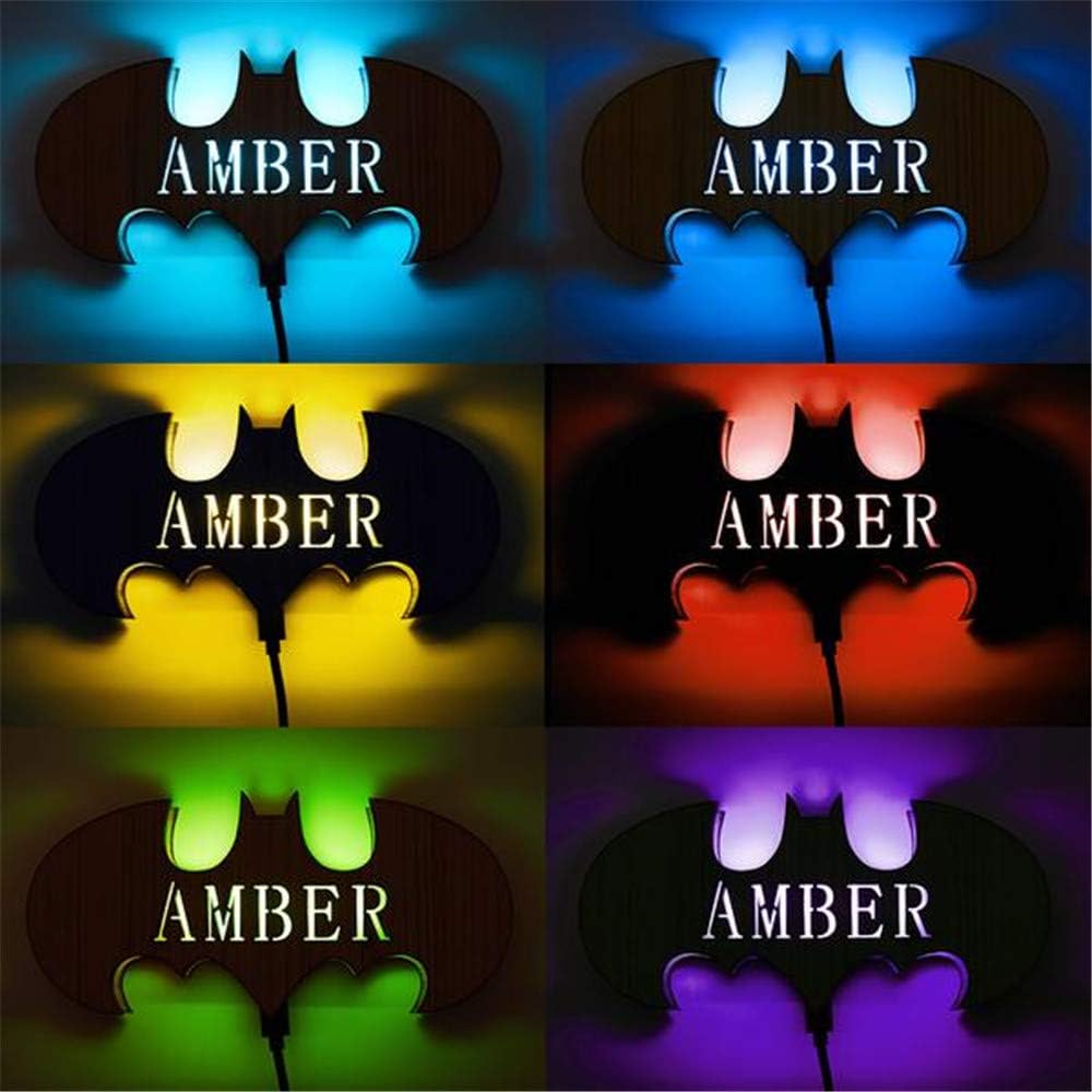 VEELU Lámpara LED de superhéroe de madera personalizada con decoración de nombre, luz nocturna con control remoto de 16 colores, aplique de pared