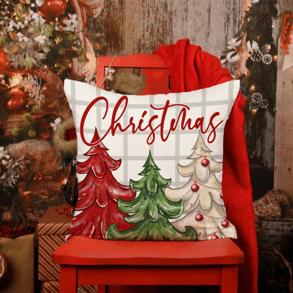DFXSZ Juego de 4 fundas de almohada de Navidad de 18 x 18 pulgadas, diseño de árbol de Navidad, Papá Noel, decoración de casa de campo para el