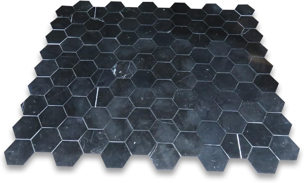 Nero Marquina – Mosaico hexagonal de mármol negro de 4 pulgadas para cocina, baño, pared, ducha (1 hoja)