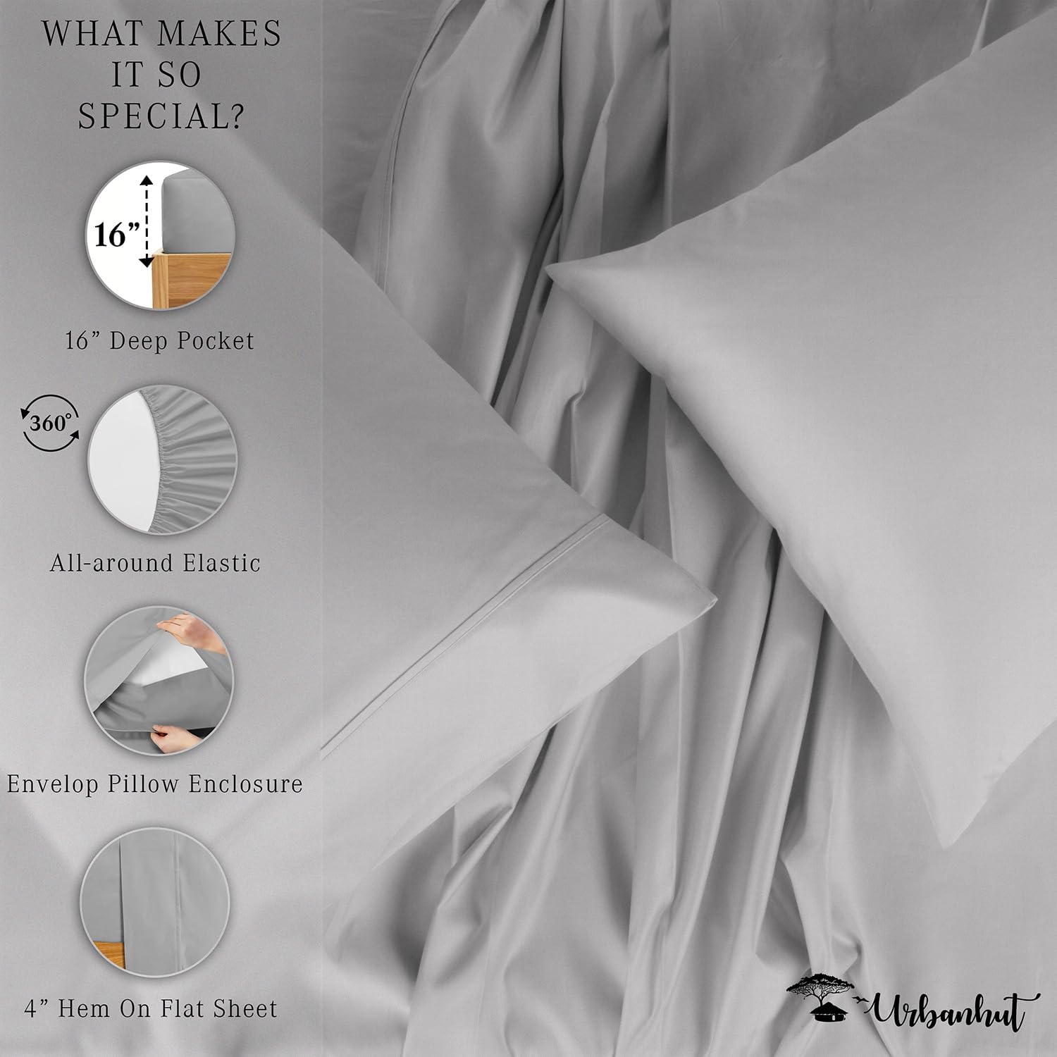 URBANHUT Sábanas de algodón egipcio tamaño Queen, sábanas de lujo de tejido satinado para cama tamaño Queen, juego de sábanas de 4 piezas, sábanas