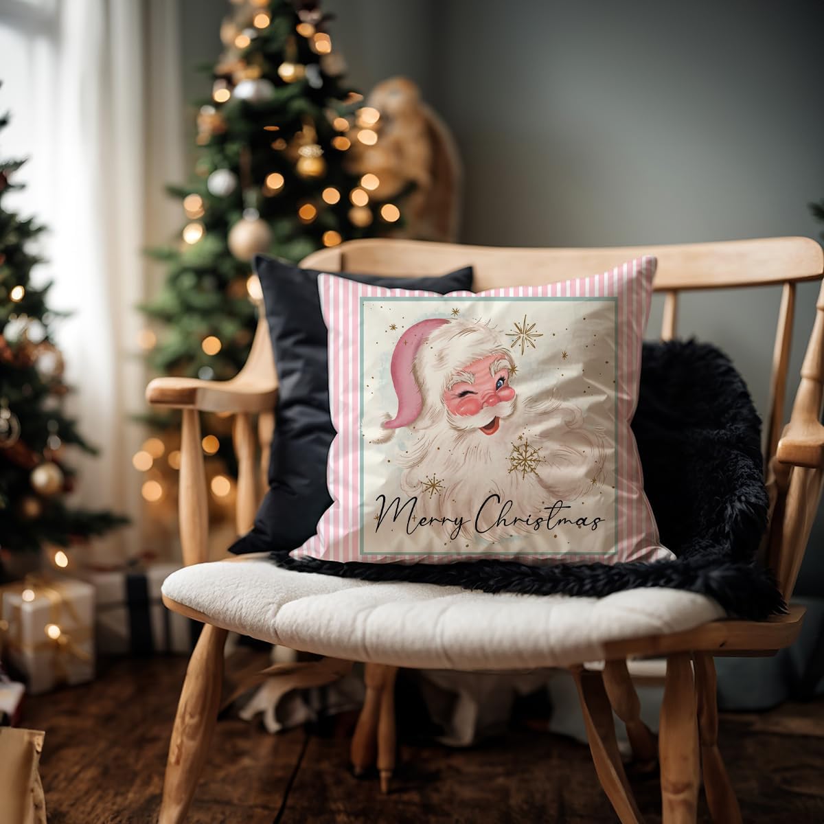 Juego de 4 fundas de almohada decorativas de Navidad de 18 x 18 pulgadas, diseño de muñeco de nieve, muñeco de nieve, Papá Noel, árbol de Navidad,