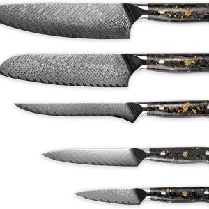 Juego de cuchillos de Damasco de 5 piezas para juegos de cuchillos de cocina para cocina con bloque mango ergonómico para cuchillo de chef, acero Juego de cuchillos de Damasco de 5 piezas para juegos de cuchillos de cocina para cocina con bloque mango ergonómico para cuchillo de chef, acero
