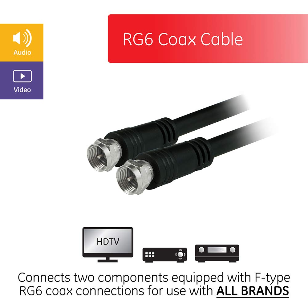 GE Cable coaxial RG6, 6 pies, conectores tipo F, instalación atornillada, no requiere herramientas, negro 33626