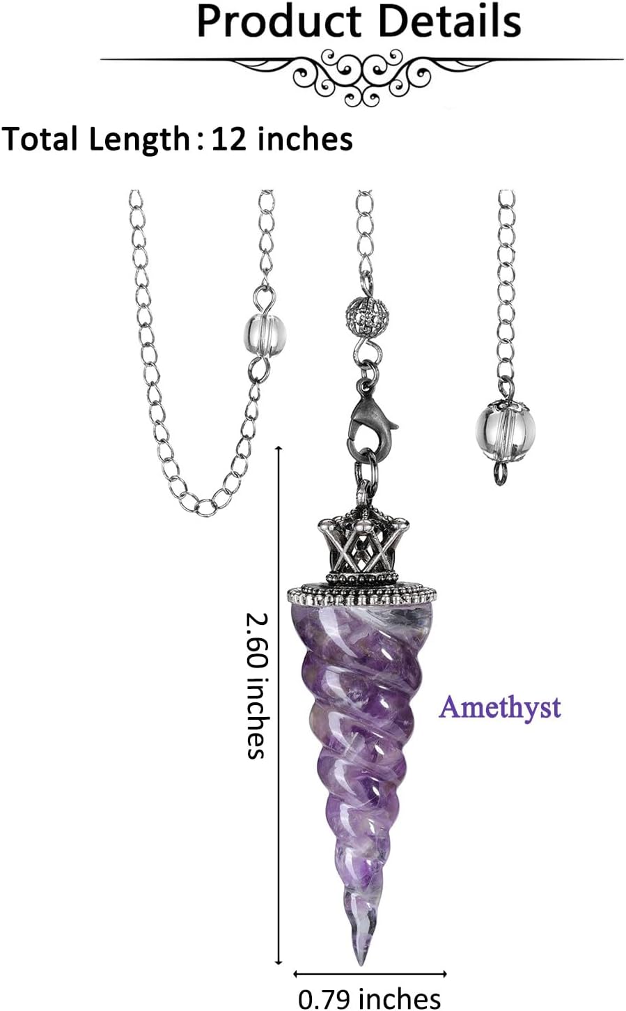 Jovivi Péndulos de cristal de amatista natural para radiestesia de adivinación, corona de cono de espiral, péndulo puntiagudo con cadena, piedras de