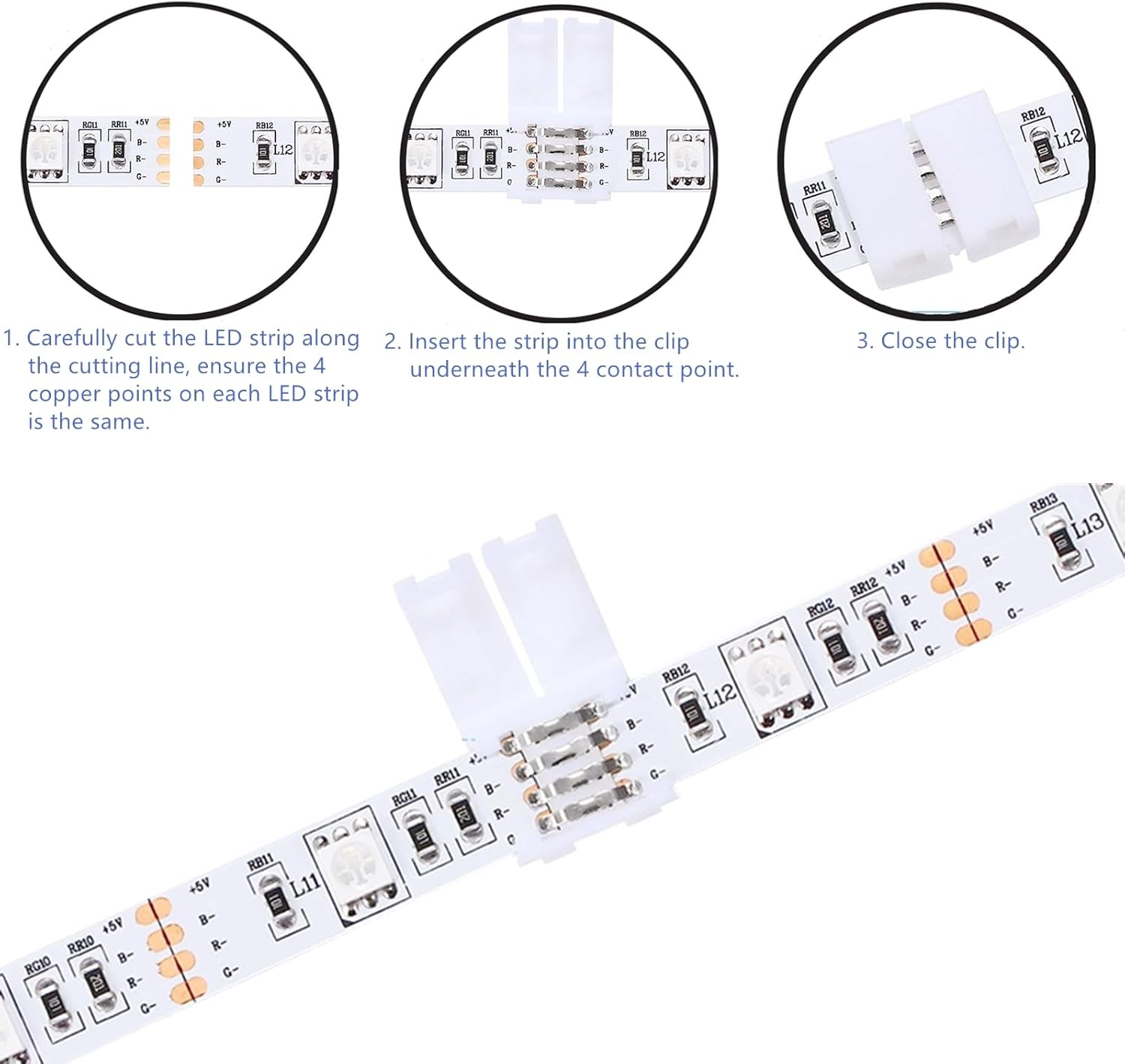 KUANVE Kit de conector de tira de luz LED de 4 pines, cable de extensión RGB, cable divisor de 4 vías, conectores sin soldadura de 0.394 pulgadas y