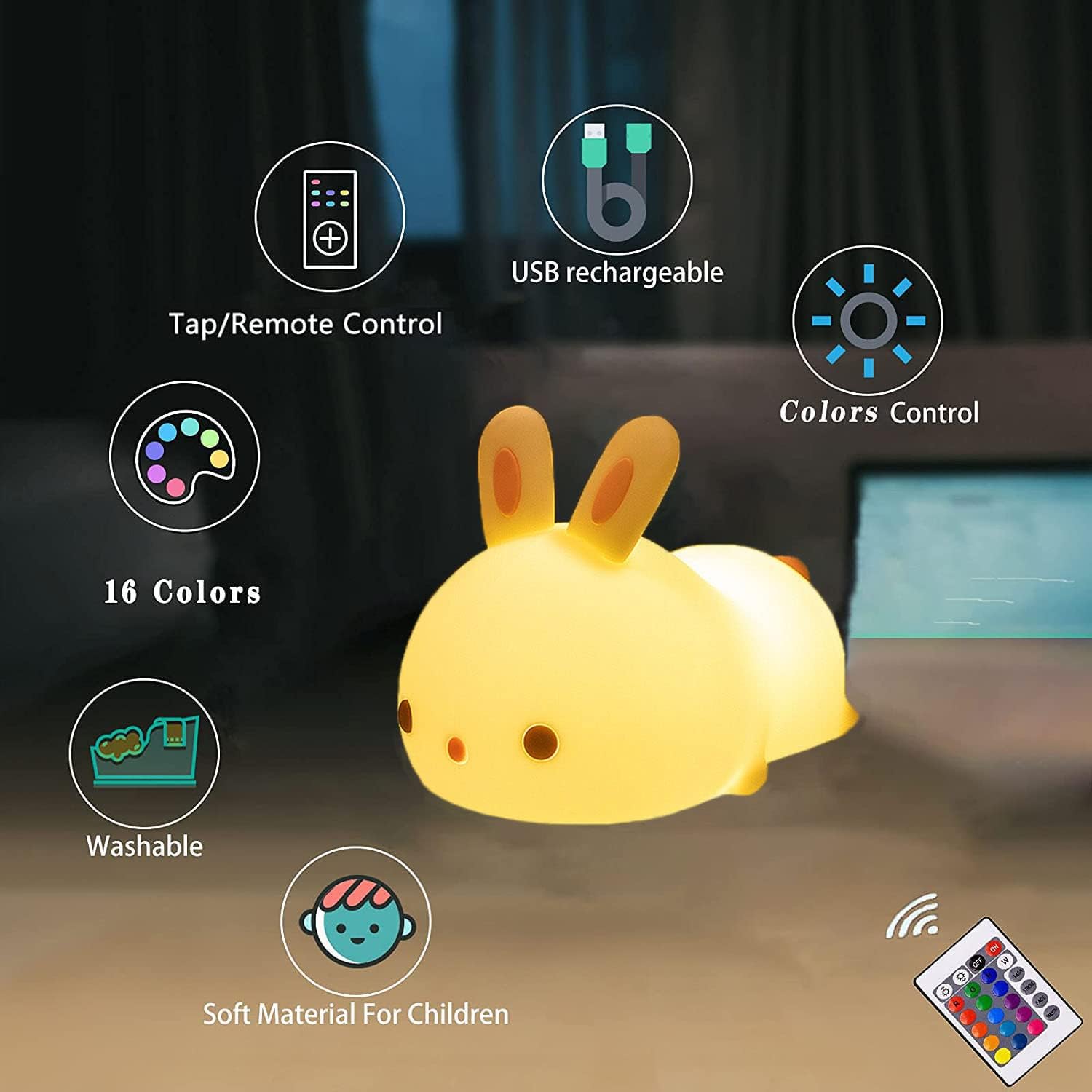 Linda luz nocturna de conejo, recargable por USB, luz nocturna con sensor táctil y control remoto, 4 modos, 16 colores, luz nocturna para niños,