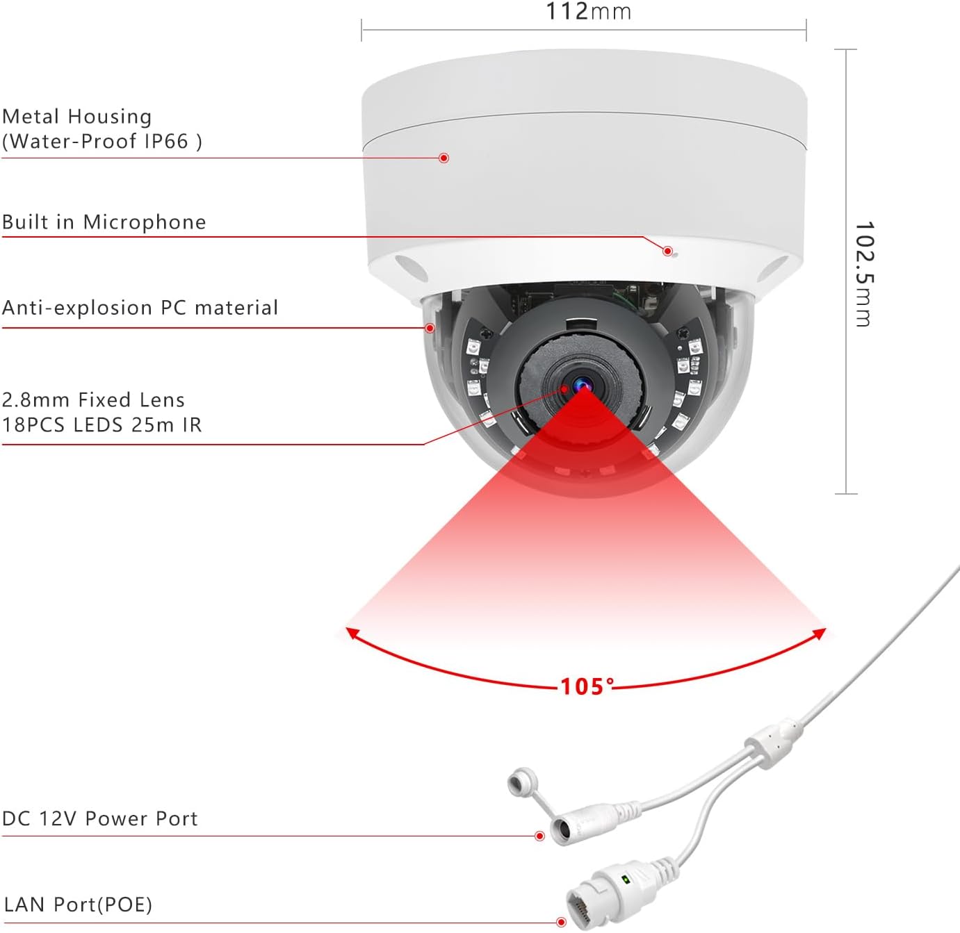 Cámara de seguridad IP vandálico de 8MP 4K PoE para exteriores, cámara PoE de red IP H.265 con lente de 0.110 in, gran angular de 105, micrófono