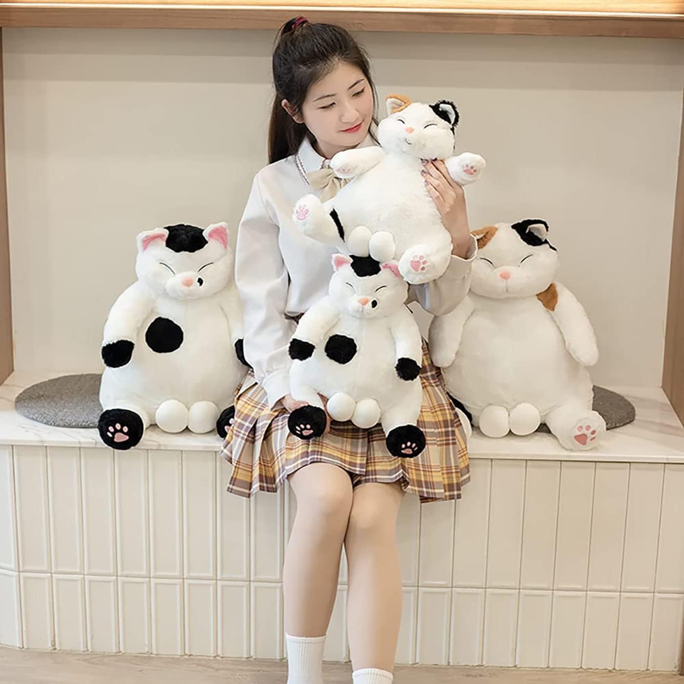 Almohada de peluche de gato japonés perezoso, peluche de gato con bolas, lindo muñeco de peluche de gato de dibujos animados, regalos de fiesta de