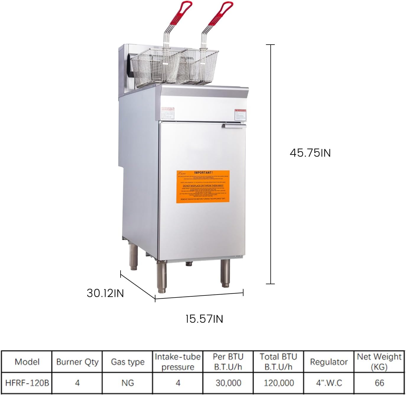 Freidora comercial de gas con 2 cestas de 45 a 55 libras. Capacidad 4 tubos Freidora de piso de gas natural, 120,000 BTU, certificación ETL